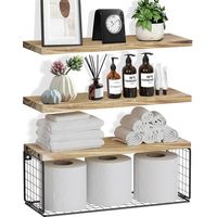 Wooden Wall Shelf, 3+1 Bathroom Shelf, Kitchen Wall Shelf, Wall Shelf, Wall Shelves with Wire Storage Basket for Living Room/Office.