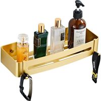 Adhésif de prateleira de chuveiro dourado escovado ou support de cosmétiques pour banheiro com ganchos, supporte de xampu
