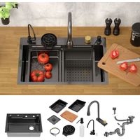 ML-Design Lavello in Acciaio inox 68x46 cm Antracite Lavabo Multifunzionale da Cucina Rettangolare Lavandino da Incasso 1 Vasca Sottopiano con Rubinetto Estraibile e Altri Accessori