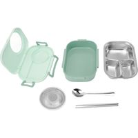 Boîte à bento 1450 ml en acier inoxydable, compartiments isothermes, double paroi, verte, idéale pour les étudiants.