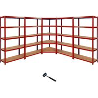 Set de 5 Estanterías: 1 Estantería Roja Esquinera 90x183x45cm +4 Estanterías Metálicas 90x185x45cm Sin Tornillos Capacidad x Estante 265kg (Esquinera) y 360kg (Laterales) Mazo de goma GRATIS