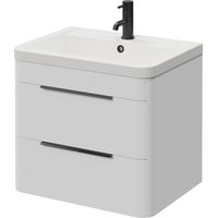 Oslo Gloss White 600mm Wall Mounted 2 Drawer Vanity Unit with Leni Basin - 600mm - Matt Black 300mm Finger Pull