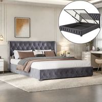 Letto contenitore imbottito 140x190 cm in velluto, con meccanismo idraulico, rete a doghe, struttura in metallo - grigio