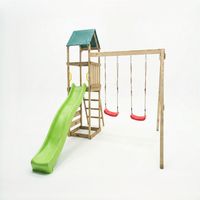 MaxPlay Holzklettergerüst mit Spielturm, Doppelschaukel und Rutsche, mit Foliendach