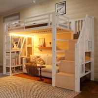 Lit mezzanine métal 90x200 escalier intégré, LED, rangement ouvert sous lit, lit ado sécurisé blanc
