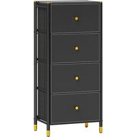 Cajonera de Tela con 4 Cajones Plegables con Frentes de PU y Marco de Acero Cajonera para Dormitorio Salón Negro