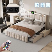 Cama doble moderna de lino, 160x200 cm - iluminación LED, 4 cajones, puerto USB de carga, diseño contemporáneo - Beige