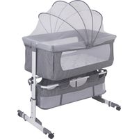 Yongqing – Lit de bébé portable avec roues – Matelas amovible en coton – Ceinture de fixation – Panier de rangement – 0-6 mois – Gris