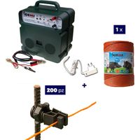 Komplettes Kit Für Den Weidezaun : 1 x Weidezaungerät Doppelstromversorgung 12V (Batterie) / 220 / 230 V Bis 5 Km Elektrozaun B12/2 + 1 x Weidezaunlitze 500 Mt 4 mm² + 100 St. Isolatoren Metallpfosten