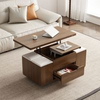 Table basse pliable et relevable Noyer– 100x50x65 cm – 4 tabourets sous la table – Gain de place pour studio