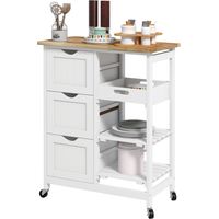 Carrello da Cucina en Legno 3 Cassetti 3 Ripiani Aperti Bianco 67x37x85,5 cm