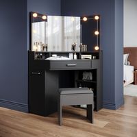 ELEGANT Modern Corner Dressing Table with Mirror, 3 Open Compartments and 2 Drawers, Silver Metal Armrests, Black Single Table with Stool + LED Mirror Lights