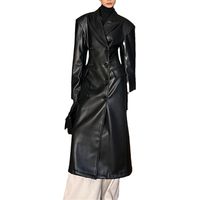 Trench de luxe noir ajusté en cuir PU à double boutonnage pour femme