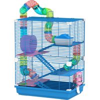 Jaula hámster con túnel plataformas cuenco bebedero casita rampas rueda ejercicio 46x30x58 cm azul