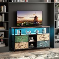 TV-Lowboard 108x30x77 cm mit LED-Beleuchtung und 4 Stoffschubladen, Medienkonsole im Retro-Modern-Stil, Holzwerkstoff/Eisen, Mehrfarbig
