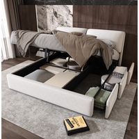 Cama tapizada moderna de terciopelo beige 160x200 cm con cabecero ajustable, 3 cajones, arcón hidráulico y somier de láminas
