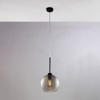 Sospensione in ferro laccato nero con cavo elettrico regolabile e diffusore in vetro soffiato grigio specchiato con rigatura in rilievo 1 luce H.41 - MAX 141 - Ø20