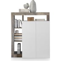 Hoher Buffetschrank mit 2 Türen, Kollektion BURA, in glänzendem Weiß lackiert und hellem Eichenholz