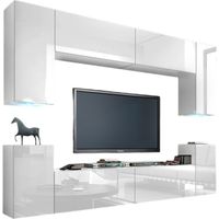 Weißes Wohnzimmermöbelset hängend Kollektion CEPTO I 240cm, 8 Türen, 6 Regale, LEDs.