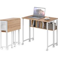 Escritorio plegable con ruedas, balda y bolsillo almacenaje, blanco y natural, 80x50x75 cm