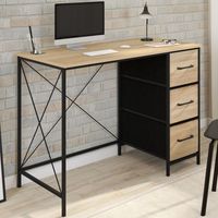 UTAH Escritorio de tela de 3 cajones en madera y negro, diseño industrial