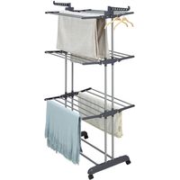 Séchoir tour d'intérieur pliable 3 niveaux – Acier inoxydable – 6 ailes pliantes – Roulettes pour mobilité – Capacité 35 kg – Dimensions 75-126x64x170 cm – Oobest