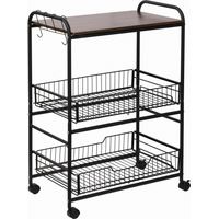 Carrello da Cucina Portavivande Stile Industriale con 4 Ruote, 2 Cestini e 4 Ganci, 60x38x85.5cm, Marrone Nero