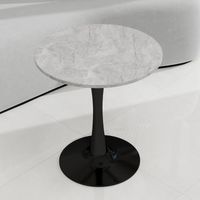 27.6-inch black coffee table, mid-century modern style dining table, suitable for 2-4 people, featuring a round marble tabletop with a light gray veined finish, perfect for various settings.