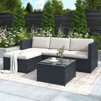 Polyrattan Lounge-Sofagarnitur, Lounge-Gartenmöbel, Ecksofa, Couchgarnitur mit Sitz- und Rückenkissen, Lounge-Tisch mit Glasplatte, Schwarz