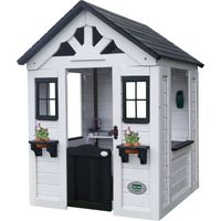 Backyard Discovery – Cabane de jardin pour enfant en bois – Maisonnette blanche et noire avec cuisine intégrée – Dimensions 117 x 107 x 140 cm – Pour 2 à 10 ans