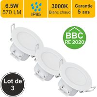 Lot de 3 spots LED encastrable BBC (RT2012/RE2020) IP65 - spécial salle de bain - 6.5W 570 LM 3000K - garantie 5 ans
