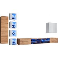 Ensemble meuble TV mural Switch XXVI - L 320 x P 40 x H 150 cm - Blanc et marron - Livraison gratuite