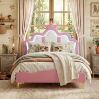 Cama infantil niña princesa 140x190 cm con corona y LED, estructura de cama individual en piel sintética con somier de láminas, estilo nórdico - Rosa