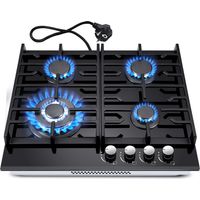 Plaque de cuisson gaz 4 feux 60 cm – Verre trempé noir – Brûleur wok 3400 W – Convertible gaz naturel et propane