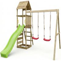MaxPlay Holzklettergerüst mit Spielturm, Doppelschaukel und Rutsche, mit Holzdach