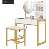 Tocador de maquillaje con espejo y taburete acolchado, estación de carga, 2 cajones, 3 estantes, blanco