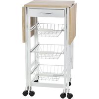 Carrello Portavivande Pieghevole 6 Ruote 3 Cestini Cassetto 2 Ribalte MDF Metallo Bianco Legno 37x37x77,5 cm