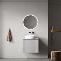 Mobile bagno sospeso cannettato 60 cm Bianco Opaco per Lavabo d'appoggio Specchio Tondo Retroilluminato - Fiji Paint Top Canneté