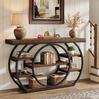 Tribesigns Circle Base Console Table Narrow Entryway Table 120x30x80cm 4-Tier Storage Shelf Industrial Farmhouse Hallway Sofa Table,Rustic