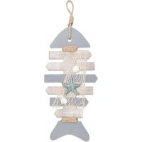 Scheletro di pesce in legno da 40 cm con stelle marine e conchiglie per arredamento nautico, ornamento da appendere alla porta a tema spiaggia, decorazione per la casa.