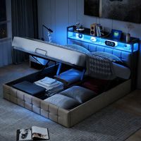 Lit coffre double adulte 140x190 cm avec rangement hydraulique, tête de lit avec rangement, ports USB, éclairage LED, revêtement en lin gris