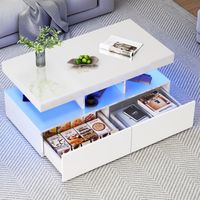 Couchtisch Rechteckig mit LED, 2 Schubladen und Ablage, Hochglanz Oberfläche, Modernes Wohnzimmermöbel, Weiß