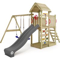 Wickey Spielturm Klettergerüst MultiFlyer Holzdach mit Schaukel & Rutsche, Kletterturm mit Holzdach, Sandkasten, Leiter & Spiel-Zubehör - anthrazit