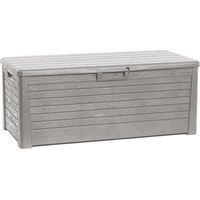 Toomax Florida baule da 550L multiuso con seduta, 148x72x60h finitura effetto legno, colore grigio tortora, porta attrezzi resistente ai raggi UV, con foro per lucchetto, ideale per esterni