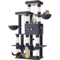 Arbre à Chat, 176 cm, 2 Plateformes Extra-Larges, 2 Grandes Grottes, 9 Poteaux à Griffer en Sisal, 2 Hamacs, Panier pour Chat, Pompons, Convient aux Chats Maine Coon, Gris Foncé