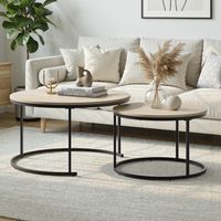 Ensemble de deux tables basses gigognes, finition chêne tables basses rondes avec cadres métalliques style moderne convient pour le salon, la chambre ou le balcon.