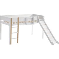 Letto A Soppalco 90 x 200 Cm Con Scala A 3 Gradini, Scivolo E Scaffale Rimovibile, Senza Materasso, In Legno E MDF, Bianco E Naturale