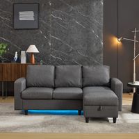 L-Shaped Couch Sofa with Storage, 3 Seater Corner Sofa with USB, LED lights, Sofa Couches with side pockets for Apartment Living Room, Office, Grey, 180x120x72cm
