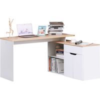 Scrivania Angolare con Libreria a 2 Ripiani, Armadietto e Cassetto, 140x117x76 cm, color Legno e Bianco
