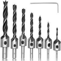 7-Piece Wood Drill Bit Set with Countersink, HSS Steel Conical Wood Drill Bit with Hex Key, Wood Chamfering Tool, HSS 5 Flute Carpentry Heart Cutter for Drilling Pieces, 3 4 5 6 7 8 10mm
